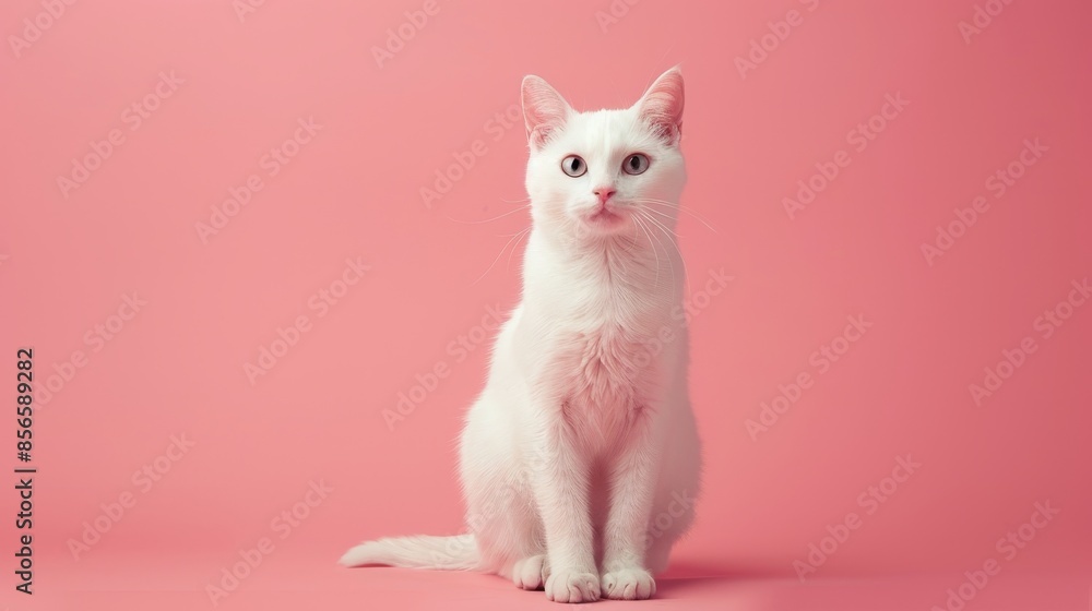 Cute white cat sitting against a soft pink background, detailed fur and expressive eyes, raw style, charming and sweet Cute white cat sitting against a soft pink background, detailed fur and expressive eyes, raw style, charming and sweet