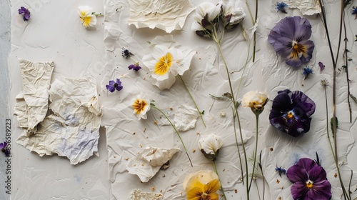 Crafting minimalism with handmade paper textures and pressed flowers, capturing nature's elegance in stationary, raw and detailed © Paul