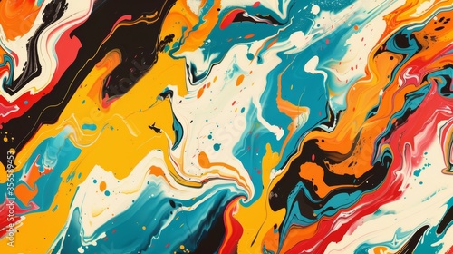 Abstract colorful marbled background with swirls of blue, yellow, red, black and white paint.