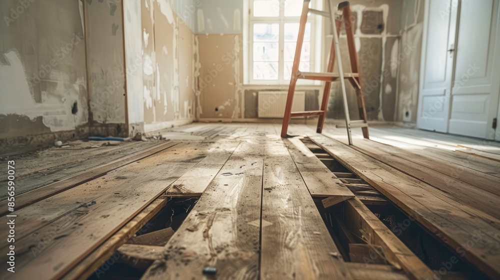 Private apartment undergoing floor repair in preparation for moving to a new home with interior renovations including tile installation Private apartment undergoing floor repair in preparation for moving to a new home with interior renovations including tile installation