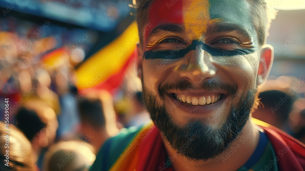 Close up of a bearded male fan wearing a German flag scarf, face painted in Germany's national soccer team colors, smiling amidst a cheering crowd waving flags at an outdoor stadium during the World Close up of a bearded male fan wearing a German flag scarf, face painted in Germany's national soccer team colors, smiling amidst a cheering crowd waving flags at an outdoor stadium during the World