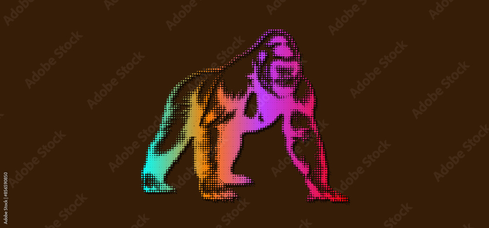 Fototapeta premium Vector iridescent halftone texture powerful gorilla. Wild animal of jungle. Zoo. Dark isolated background.