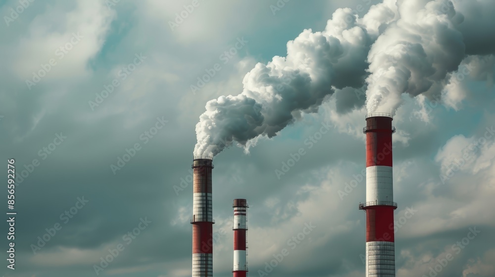 Smoke plumes billowing from industrial chimneys against a cloudy sky.