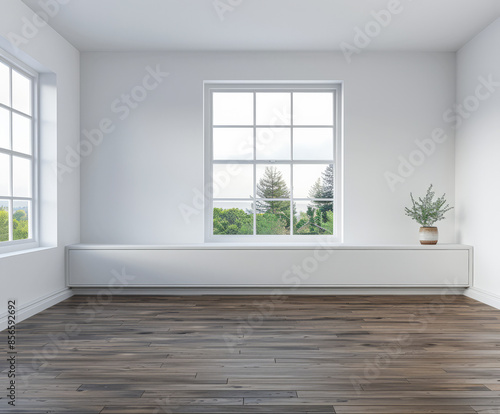 Stylish sideboard in a luxury apartment next to a window filling the room with natural lighting. Residential interior design composition for Real Estate with copy space.