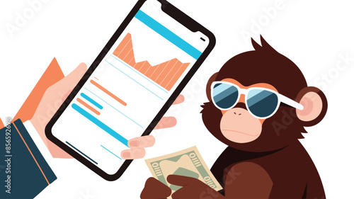 Investor monkey receiving a down payment from a flat-style stockbroker