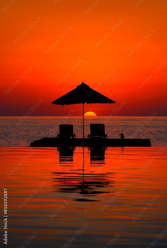 A silhouette of two beach chairs and an umbrella at sunset on the water, with reflections in the calm sea, creating a romantic atmosphere. The orange sky is a beautiful gradient from red to black, add A silhouette of two beach chairs and an umbrella at sunset on the water, with reflections in the calm sea, creating a romantic atmosphere. The orange sky is a beautiful gradient from red to black, add