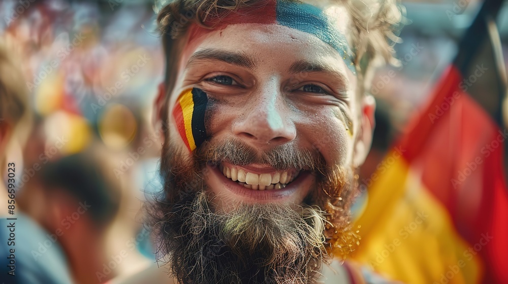 Close up of a bearded male fan wearing a German flag scarf, face painted in Germany's national soccer team colors, smiling amidst a cheering crowd waving flags at an outdoor stadium during the World Close up of a bearded male fan wearing a German flag scarf, face painted in Germany's national soccer team colors, smiling amidst a cheering crowd waving flags at an outdoor stadium during the World