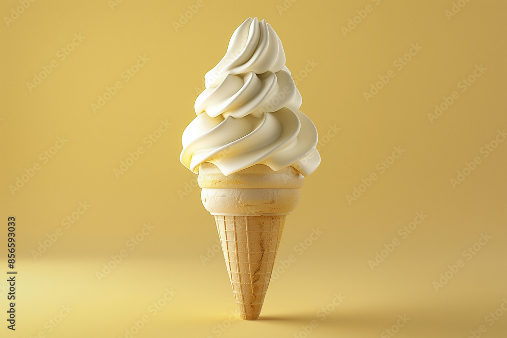 Close-up of a vanilla soft serve ice cream cone against a yellow background, delicious dessert, summer treat.
Close-up of a vanilla soft serve ice cream cone against a yellow background, delicious dessert, summer treat.