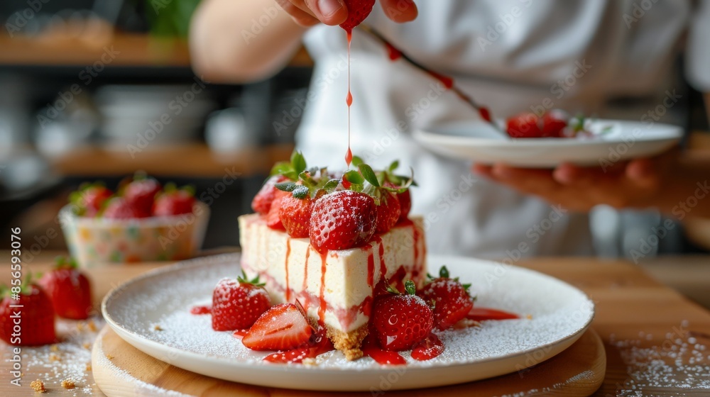 Classic Cheesecake: A slice of strawberry cheesecake on a plate, garnished with fresh strawberries. Classic Cheesecake: A slice of strawberry cheesecake on a plate, garnished with fresh strawberries.