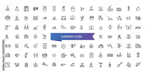 Garden icon collection. Related to plant, flowers, trees, watering can, fence, cultivate and gardening icons. Line icon collection.