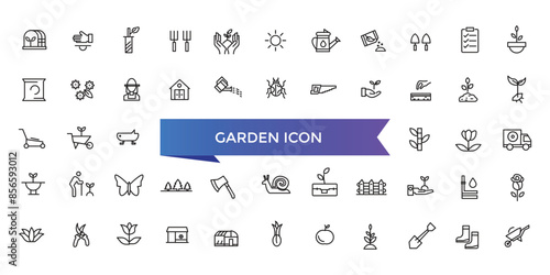 Garden icon collection. Related to plant, flowers, trees, watering can, fence, cultivate and gardening icons. Line icon collection.