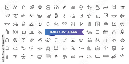 Hotel service icon collection. Hospitality symbol, room, service, booking, facilities and more. Line icons vector collection.