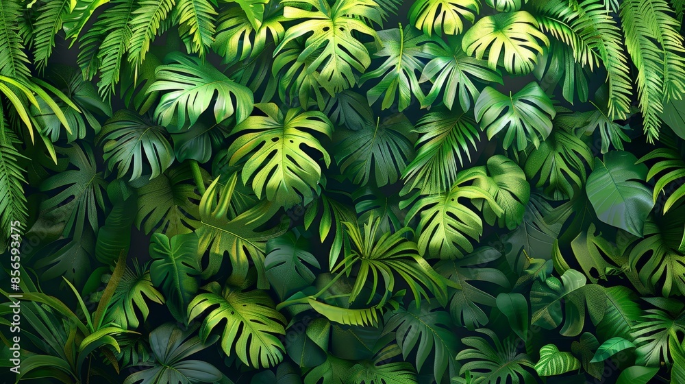 Dense tropical foliage in a 3D mural, vibrant green background, raw style, detailed and dynamic, lush greenery Dense tropical foliage in a 3D mural, vibrant green background, raw style, detailed and dynamic, lush greenery