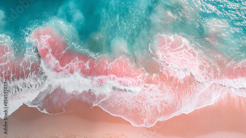 Aerial view of pink sand beach with blue waves