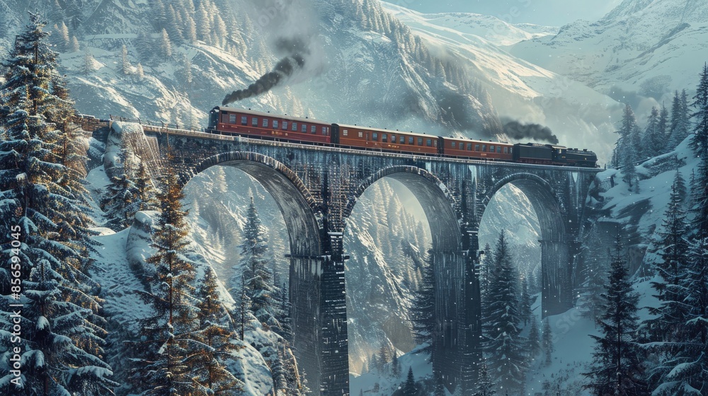 Fototapeta premium Train Crossing a Snowy Stone Arch Bridge