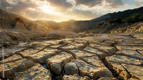 Dry riverbed in a landscape of cracked earth, highlighting climate change-induced drought and water scarcity, raw and realistic photo