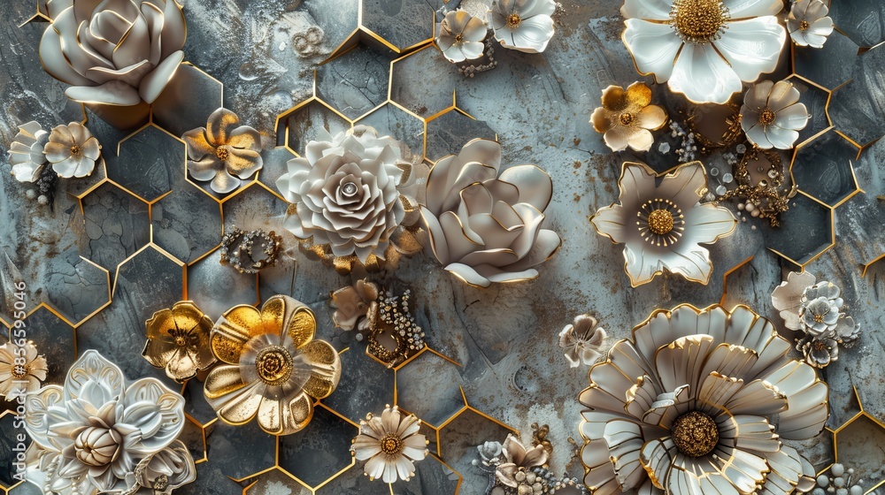 Fototapeta premium Flower-like hexagonal pattern, abstract and luxurious, in gray and gold tones, intricate details, raw and refined finish