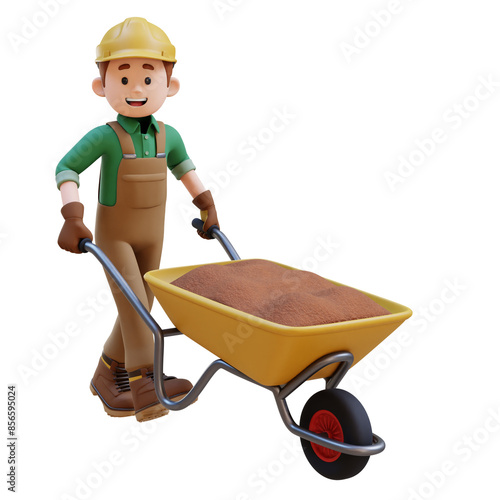 3D Construction Worker Character Carrying Cement with Wheelbarrow photo