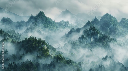 Wallpaper Mural Forested mountains in the morning mist, fog creating a serene and mysterious landscape, raw style, detailed textures Torontodigital.ca
