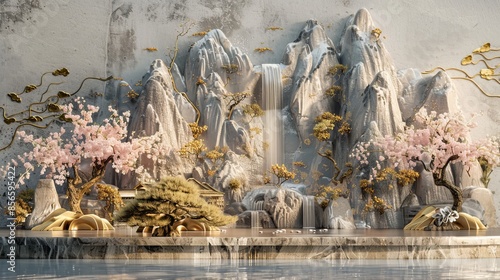Volumetric Stucco Molding with Golden Elements: Japanese Landscape with Waterfall, Mountains, and Sakura