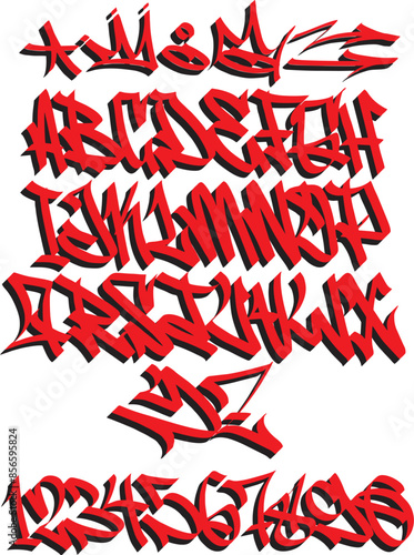 graffiti alphabets abc uppercase handstyle tags 2d black red vector illustration vandals lettering