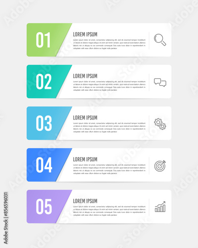Infographic labels 5 steps or options. Business presentation, Report, Banner and Brochure. Vector illustration.