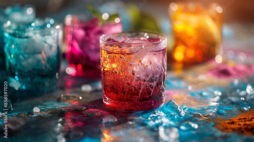 Colorful cocktails on a table with ice, perfect for a refreshing and vibrant drink.
Colorful cocktails on a table with ice, perfect for a refreshing and vibrant drink.