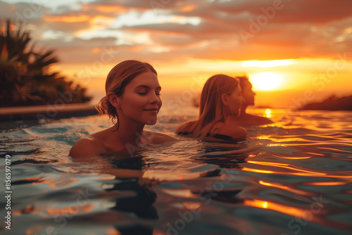 Teenage friends swimming in the pool at sunset during summer vacation © kazakova0684