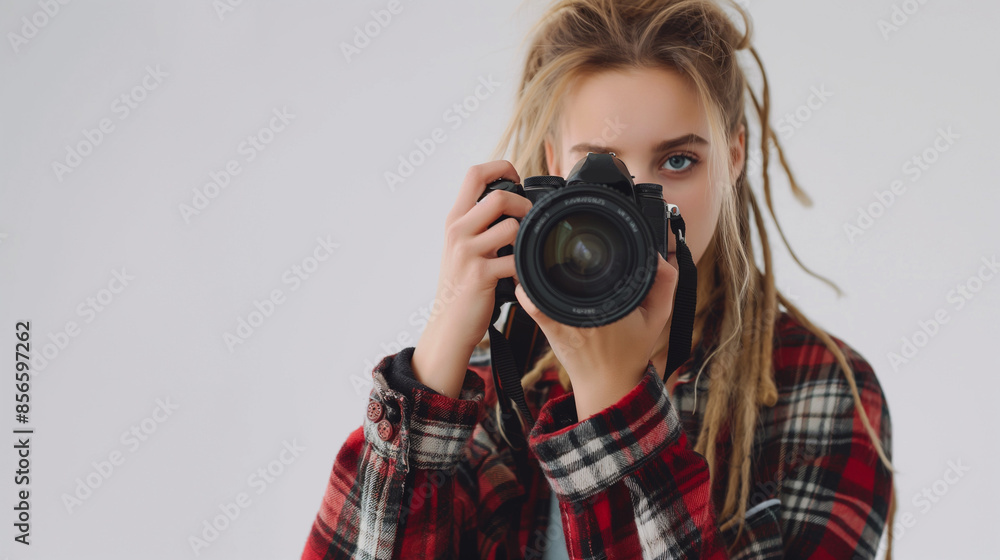 young blonde woman with dreadlocks taking pictures with a large SLR camera in the studio young blonde woman with dreadlocks taking pictures with a large SLR camera in the studio