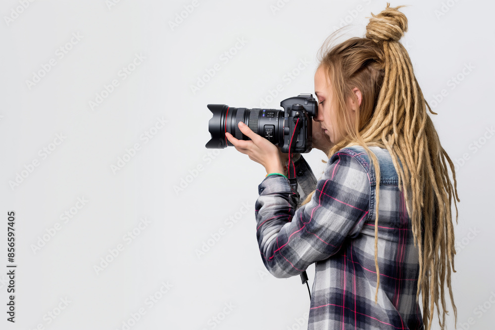 young blonde woman with dreadlocks taking pictures with a large SLR camera in the studio young blonde woman with dreadlocks taking pictures with a large SLR camera in the studio