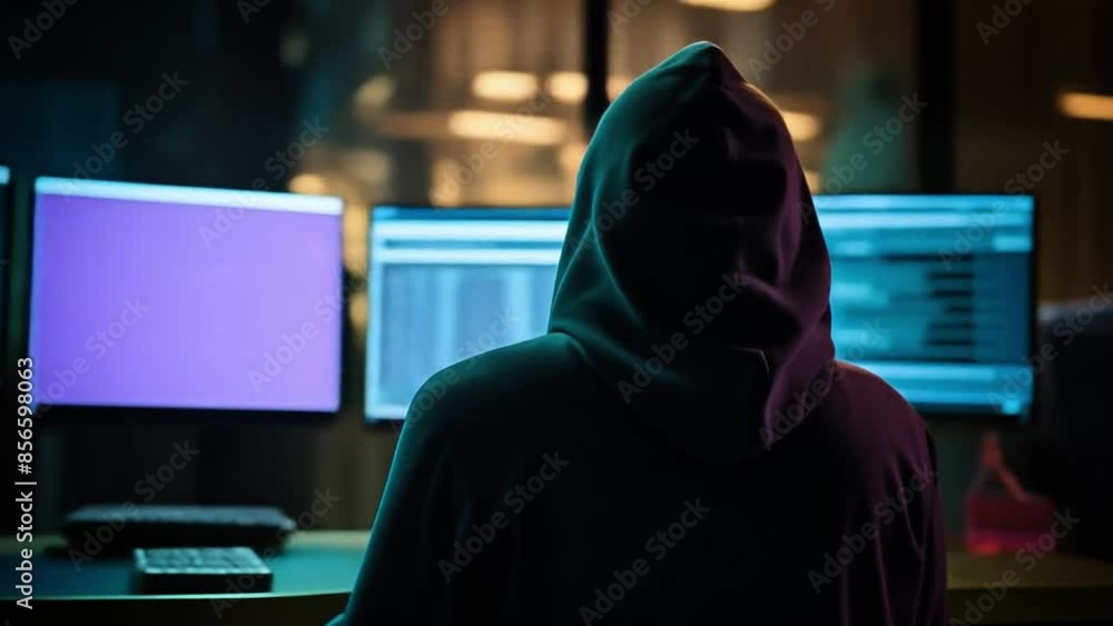 Hacker with digital multi screen for coding and monitoring . Hacking and criminal concept. 4k video footage Hacker with digital multi screen for coding and monitoring . Hacking and criminal concept. 4k video footage
