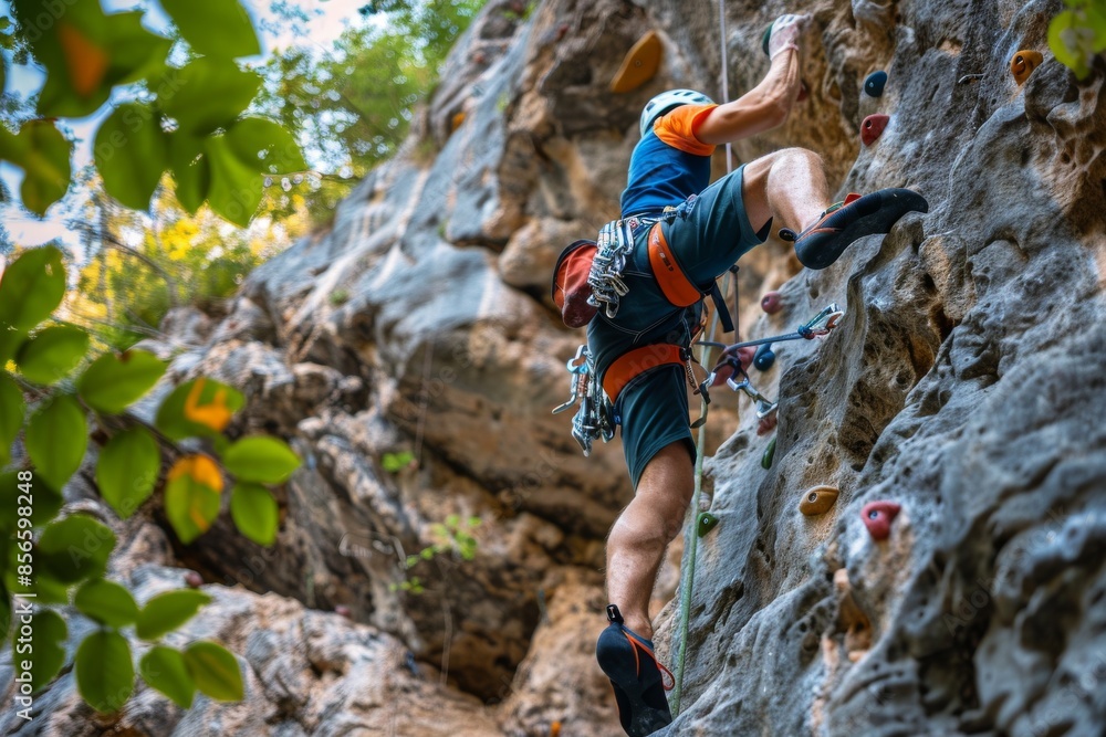 Fototapeta premium Climber on a challenging rock wall