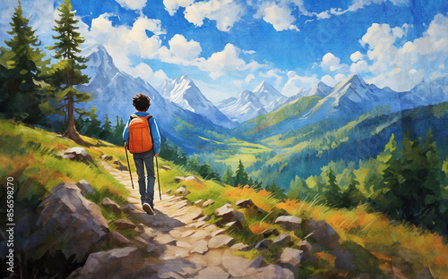 Sketched artwork of a young male hiker hiking on a beautiful and scenic mountain trail. Colorful mountain scene and concept painting of someone working to reach higher and reach their goals