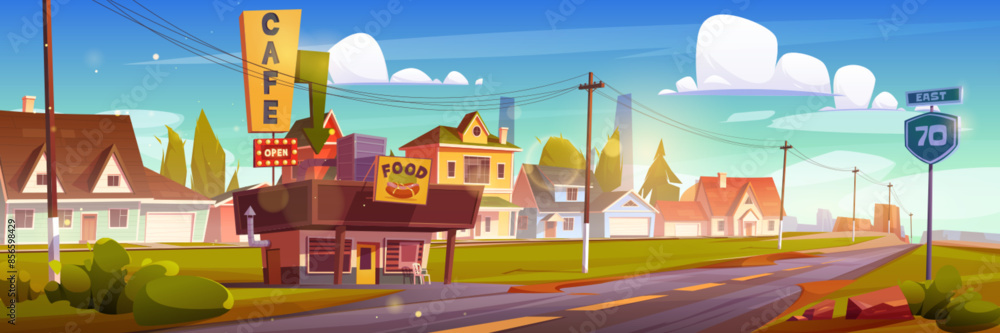 Fototapeta premium Cafe building on roadside of route with sign. Cartoon vector street fast food restaurant and store for drivers and travelers with suburban or village neighborhood on background. Road stall or kiosk.