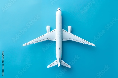 `White airplane model on blue background, top view. Flat lay style. The concept of travel and journey in the air in minimalist flat design style. Minimalism. High resolution photography.`