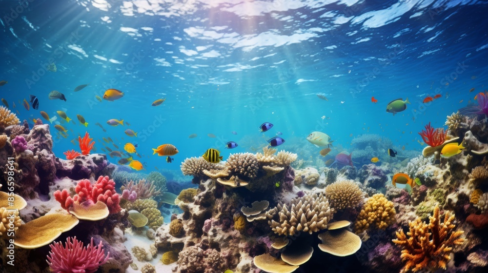 vibrant coral reef teeming with marine life, with colorful fish darting among the coral formations.