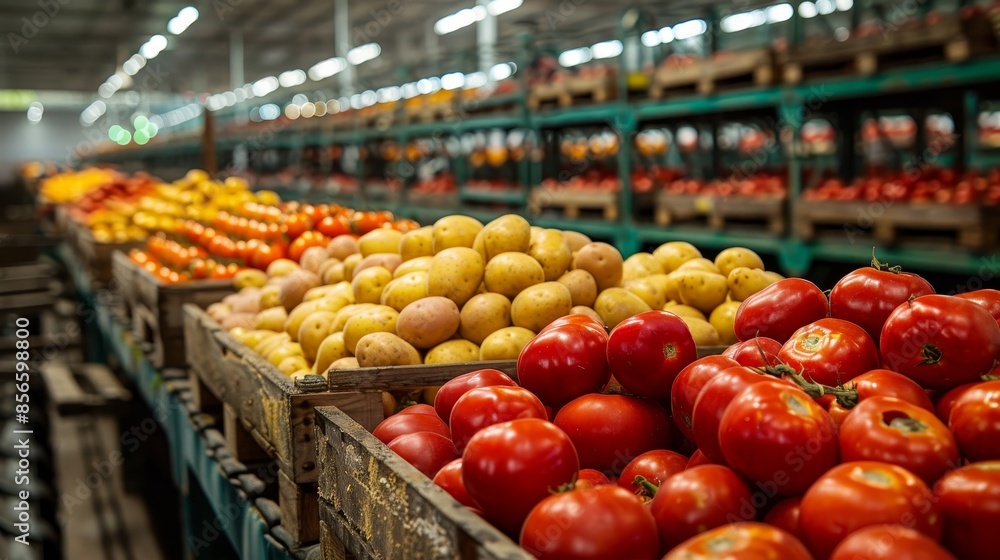 Rows of potatoes and tomatoes in a warehouse, distribution center logistics, raw style, detailed and vibrant, industrial feel Rows of potatoes and tomatoes in a warehouse, distribution center logistics, raw style, detailed and vibrant, industrial feel