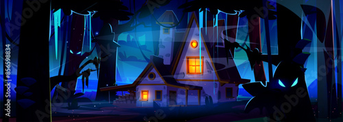 Spooky forest landscape with house under moon light. Creepy magic haunted woodland. Scary night cartoon scenery with light in windows of cottage, woods with mystic glow and fog. Fantasy fairy shack.