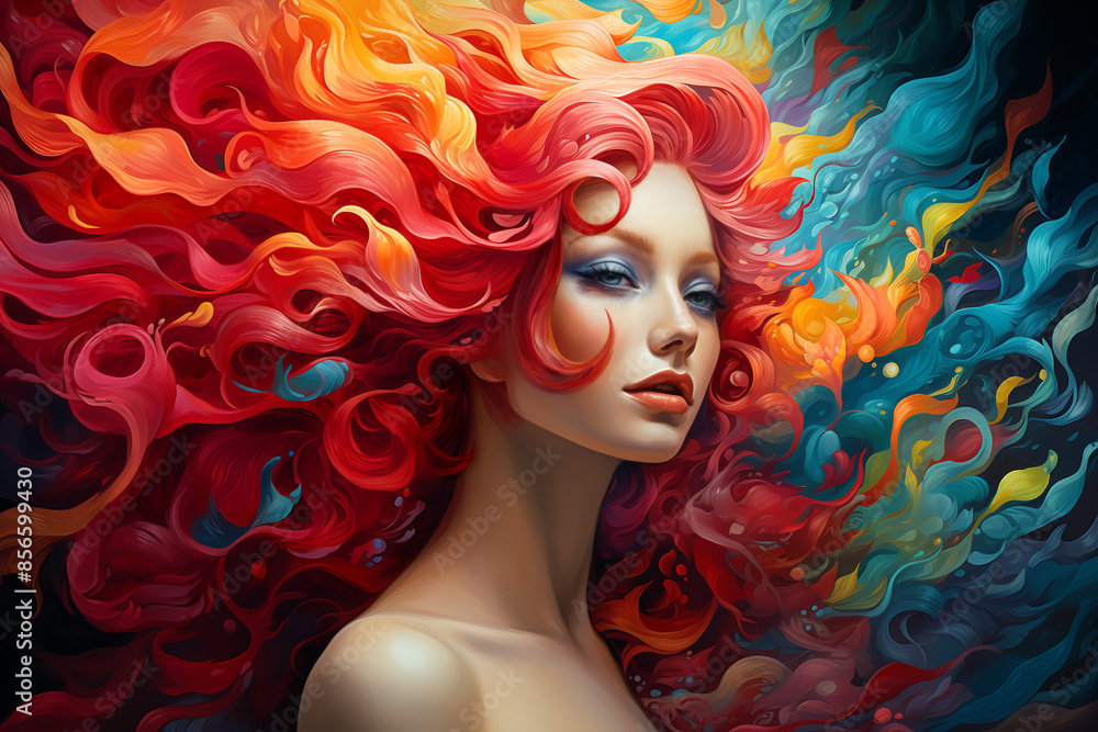 Woman with vibrant red hair and colorful abstract swirls painted digital style
