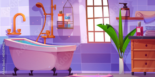 Bathroom interior illustration with sink and shower. Home bath room furniture with soap, towel, vintage accessories, plant and carpet. Cute indoor hygiene restroom equipment for hotel to wash body