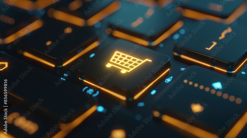 D2C or direct to consumer logistics concept. E-commerce. Illustration of a digital shopping cart with connected logistics, online retail data networks, online orders D2C or direct to consumer logistics concept. E-commerce. Illustration of a digital shopping cart with connected logistics, online retail data networks, online orders