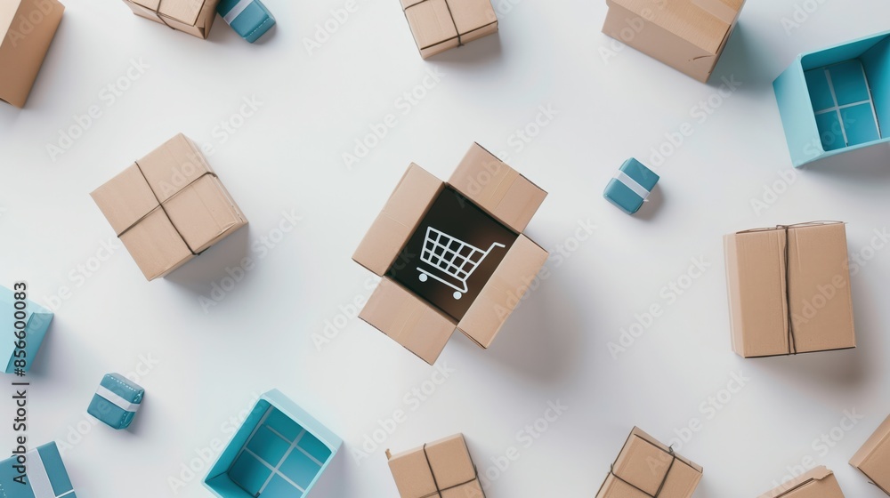 D2C or direct to consumer logistics concept. E-commerce. Illustration of a digital shopping cart with connected logistics, online retail data networks, online orders D2C or direct to consumer logistics concept. E-commerce. Illustration of a digital shopping cart with connected logistics, online retail data networks, online orders