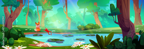 Jungle forest with river water nature background. Rainforest lake vector scene with green grass and tropical animal. Sunny ecosystem environment with frog and fox. Panoramic wild flora fantasy game