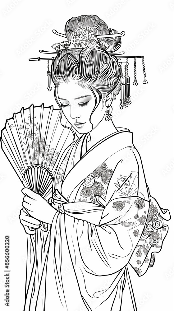 Obraz premium Coloring book. Beautiful Japan princess in a kimono