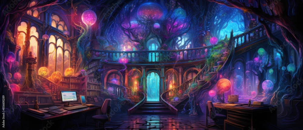 Fototapeta premium Enchanting Witch's Lair with Digital Spell Books, Holographic Orbs, and Mystical Glowing Plants in a Magical Library