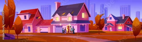 Children in Halloween costumes in town street. Vector cartoon illustration of autumn suburban district with houses decorated for holiday, kids in spooky clothes playing trick or treat in neighborhood