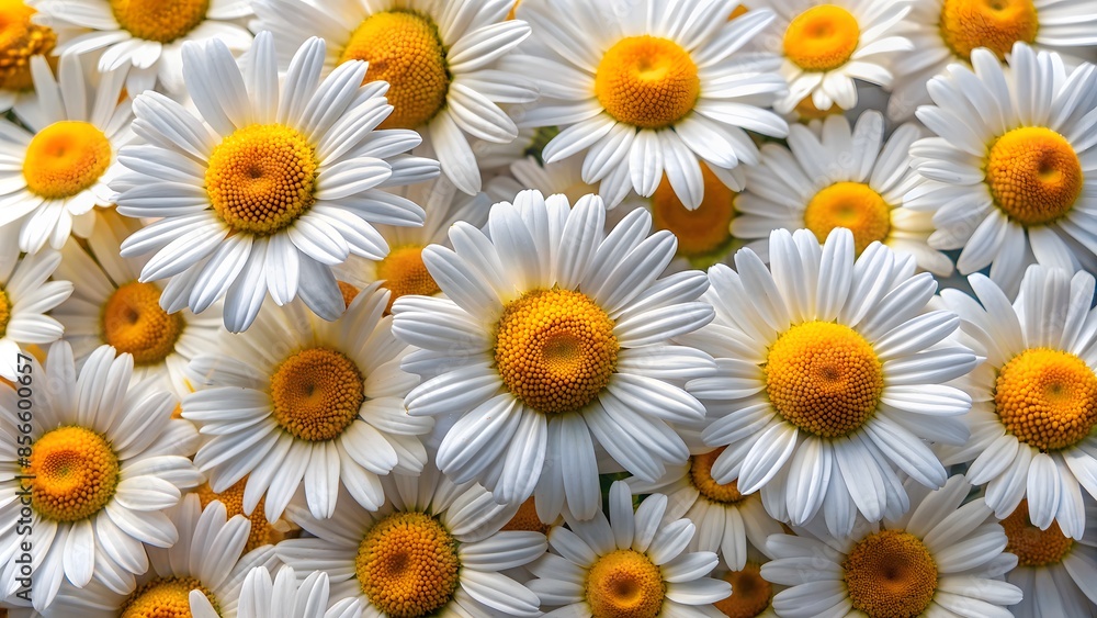 Fototapeta premium Field Of Daisies In Bloom. White Petals And Yellow Centers.