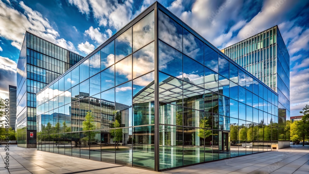 An environmentally friendly building in a modern city: a sustainable glass office building with trees for reducing environmental impact.
An environmentally friendly building in a modern city: a sustainable glass office building with trees for reducing environmental impact.