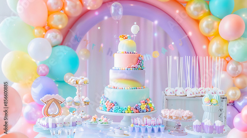 Party decorations for birthday, in the style of soft and dreamy atmosphere, pastel color scheme, light purple and light green, colorful curves, pinkcore. Generative AI illustration 