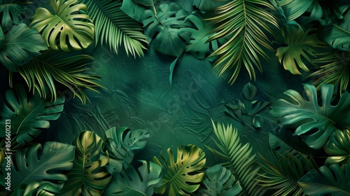 Tropical leaves in a 3D mural, set against a vibrant green background, raw style, rich textures, detailed and lush photo